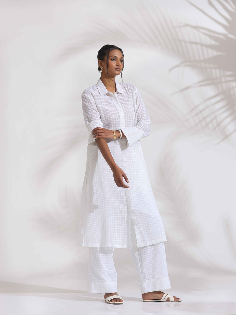 trueBrowns White Check Cotton Kurta Set