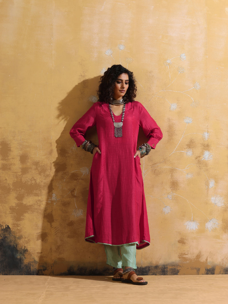 trueBrowns Pink Muslin Silk A-line Kurta Pant Set
