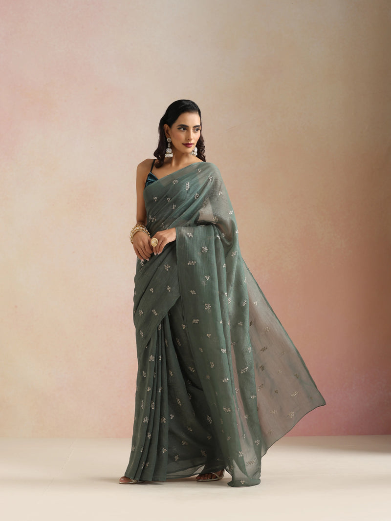 trueBrowns Turquoise All Over Embroidered Saree With Unstitched Blouse