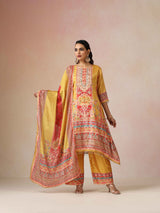 trueBrowns Yellow Print A-Line Kurta 3pc Set