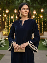 trueBrowns Navy Velvet High-Slit Kurta