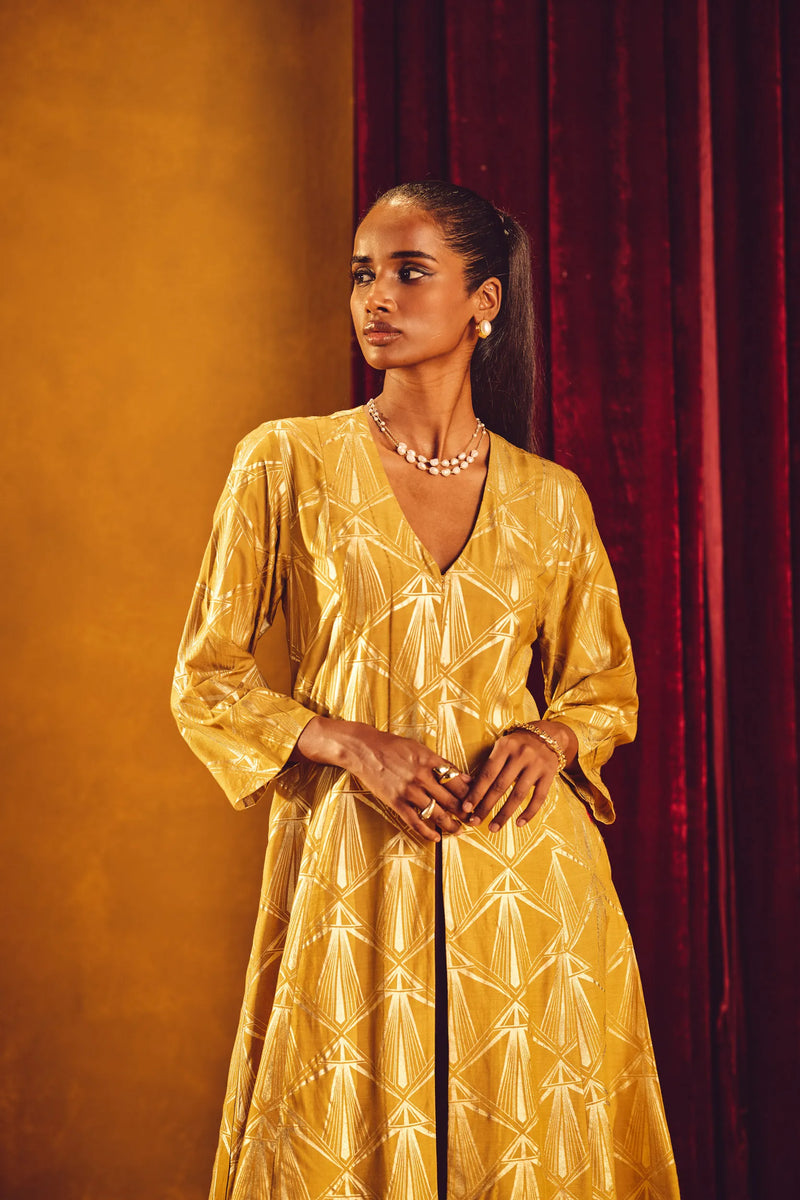 trueBrowns Mustard Gold Foil Print Muslin Silk Fit And Flared Kurta co-ord Set