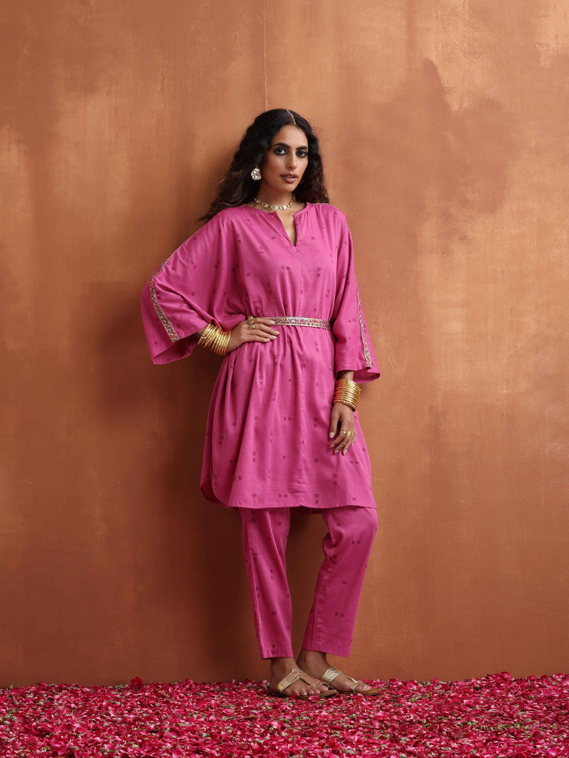 trueBrowns Pink Print Kaftan Kurta Co-ord Set