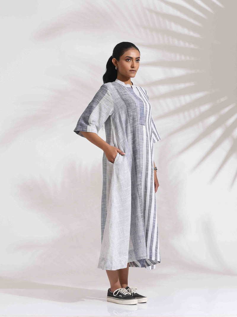 trueBrowns Off-White Cotton Multi Stripe Flared Dress