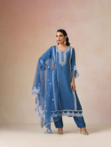 trueBrowns Blue Embroidered Round Neck Straight Kurta 3pc Set