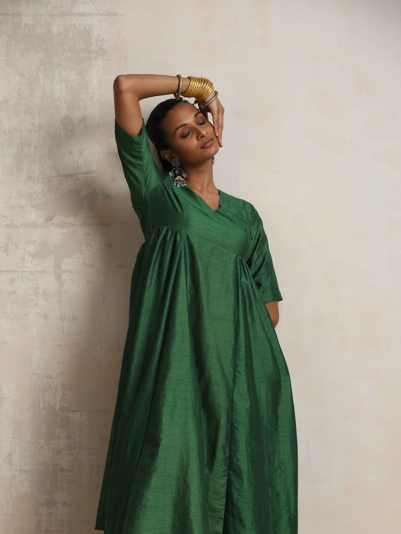 trueBrowns Dark Green Silk Arkali Flared Kurta Set