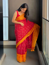 trueBrowns Red Kota Bandhani Saree With Unstitched Blouse