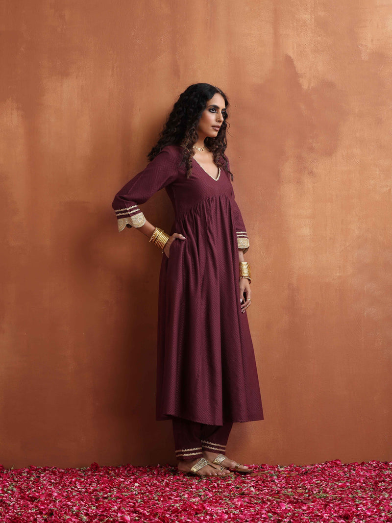 trueBrowns Maroon Flared Anarkali Kurta Set