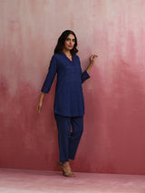 trueBrowns Dark Blue Cotton Dobby Kurta Co-ord set