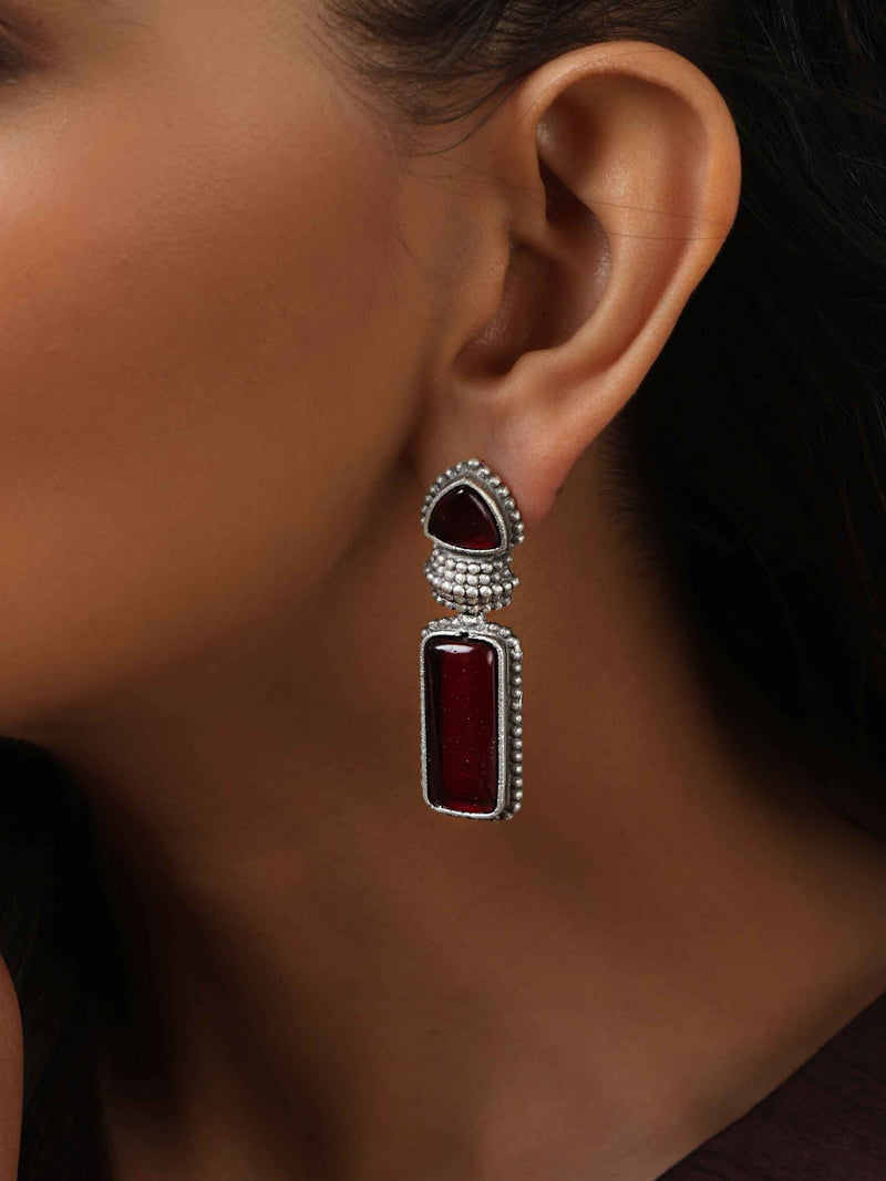trueBrowns Silver tone Red Stone Drop Earrings