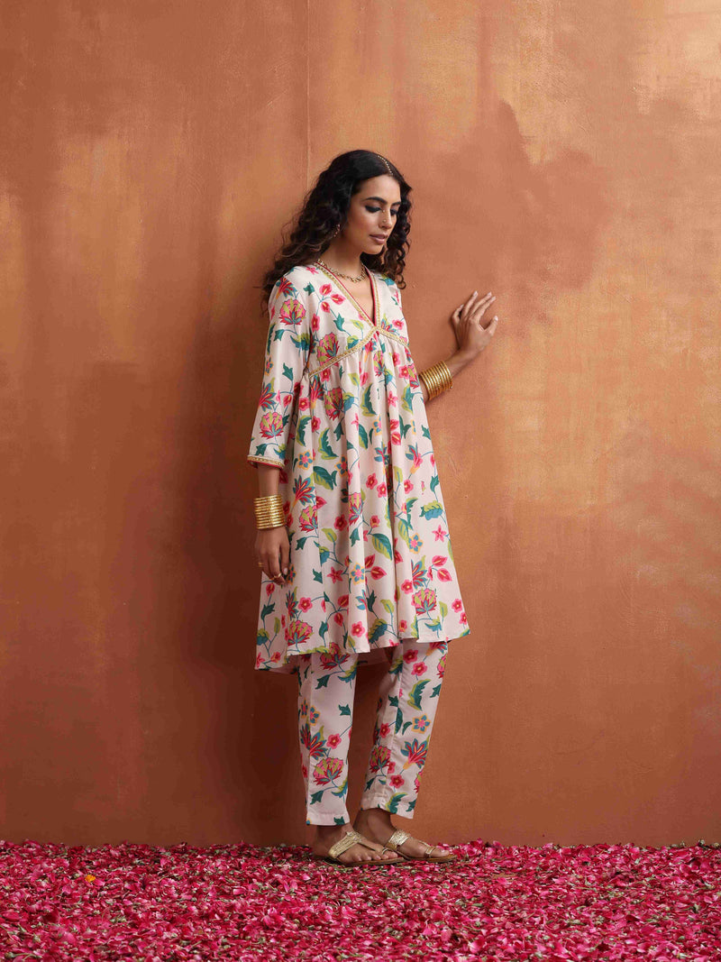 trueBrowns Off White Print Anarkali Kurta Co-ord Set