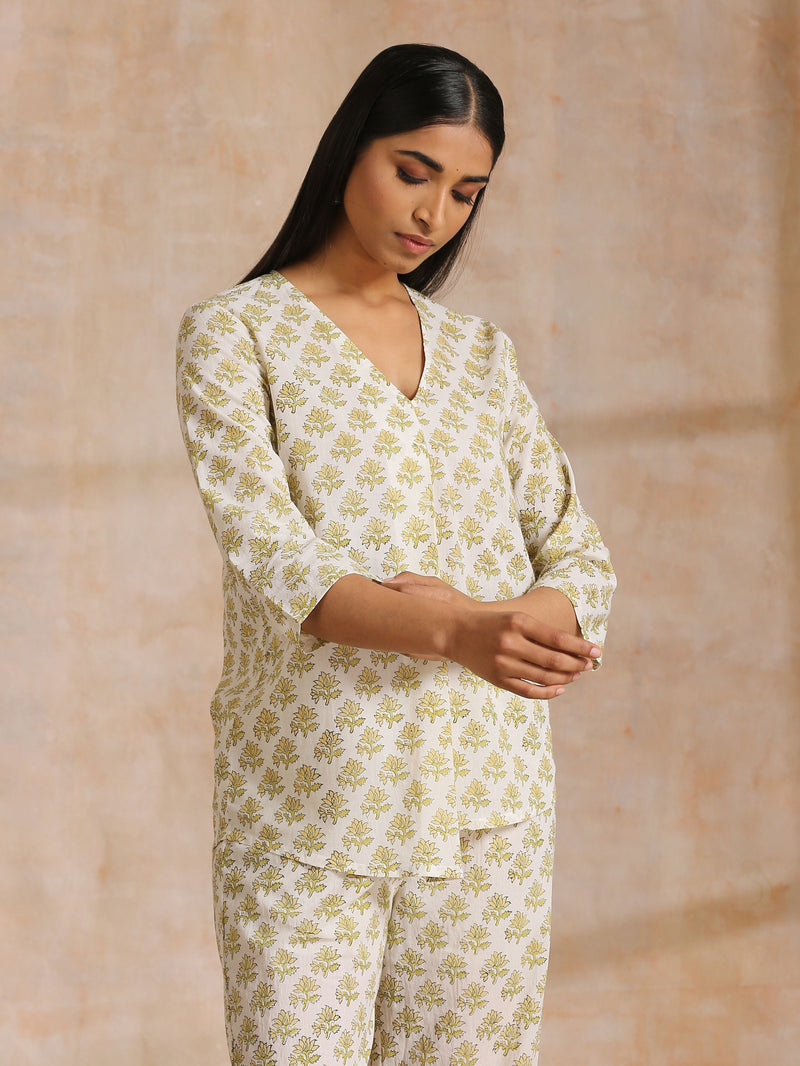 Green Buta On Off-White Block Print Cotton Co-Ord Set