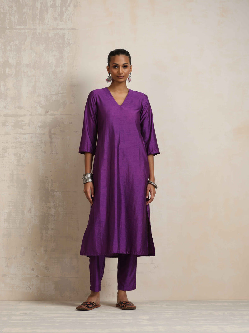 trueBrowns Purple Silk High Slit Kurta Set