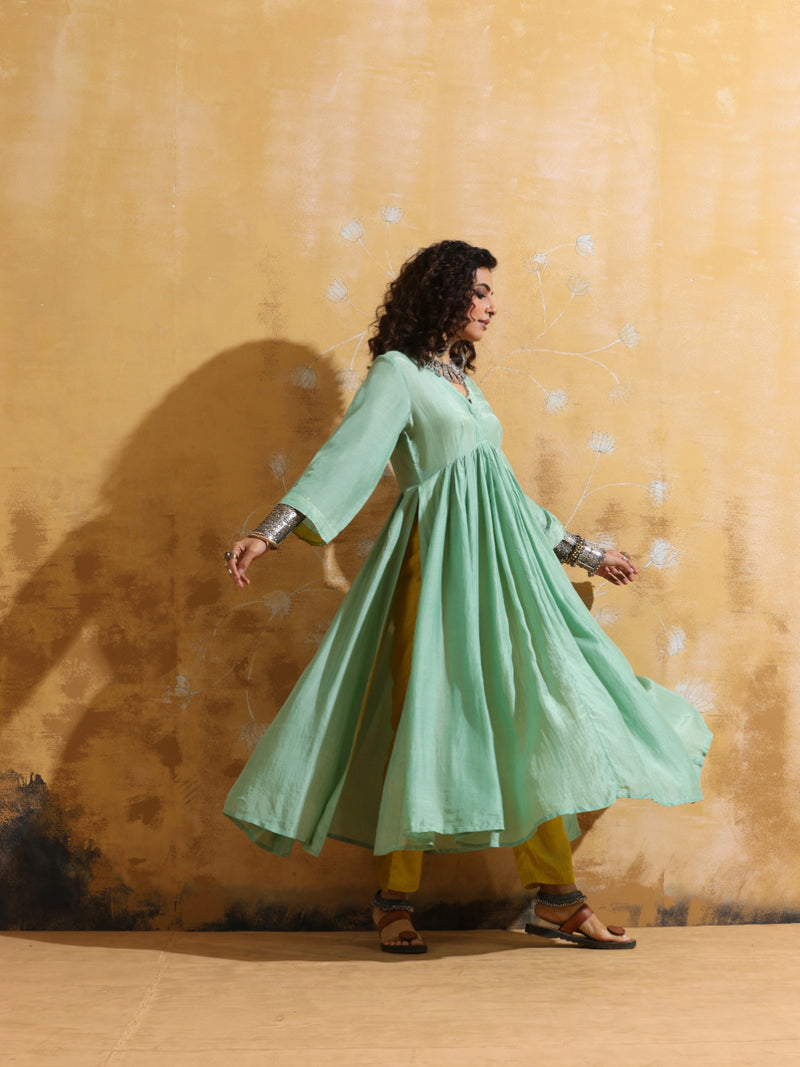 trueBrowns Mint Green Muslin Silk Anarkali Kurta Pant Set