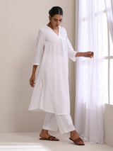 White Dobby Flared Slit Kurta Pant Set