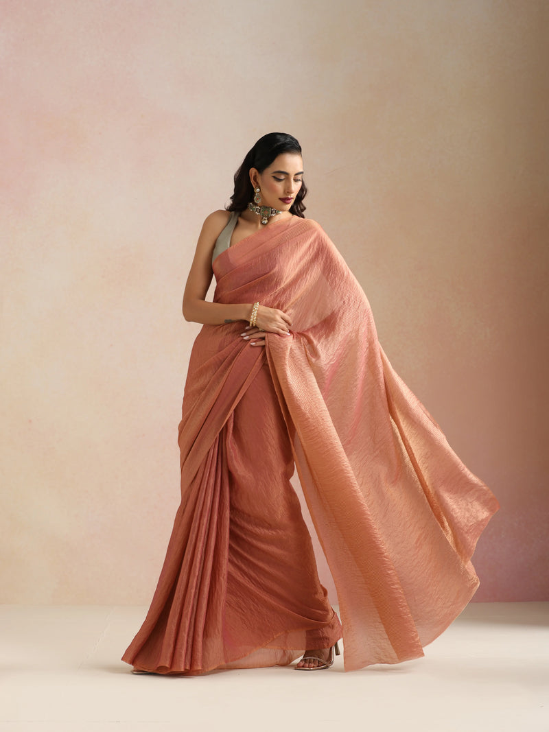 trueBrowns Pink Tissue Stripe Saree With Unstitched Blouse