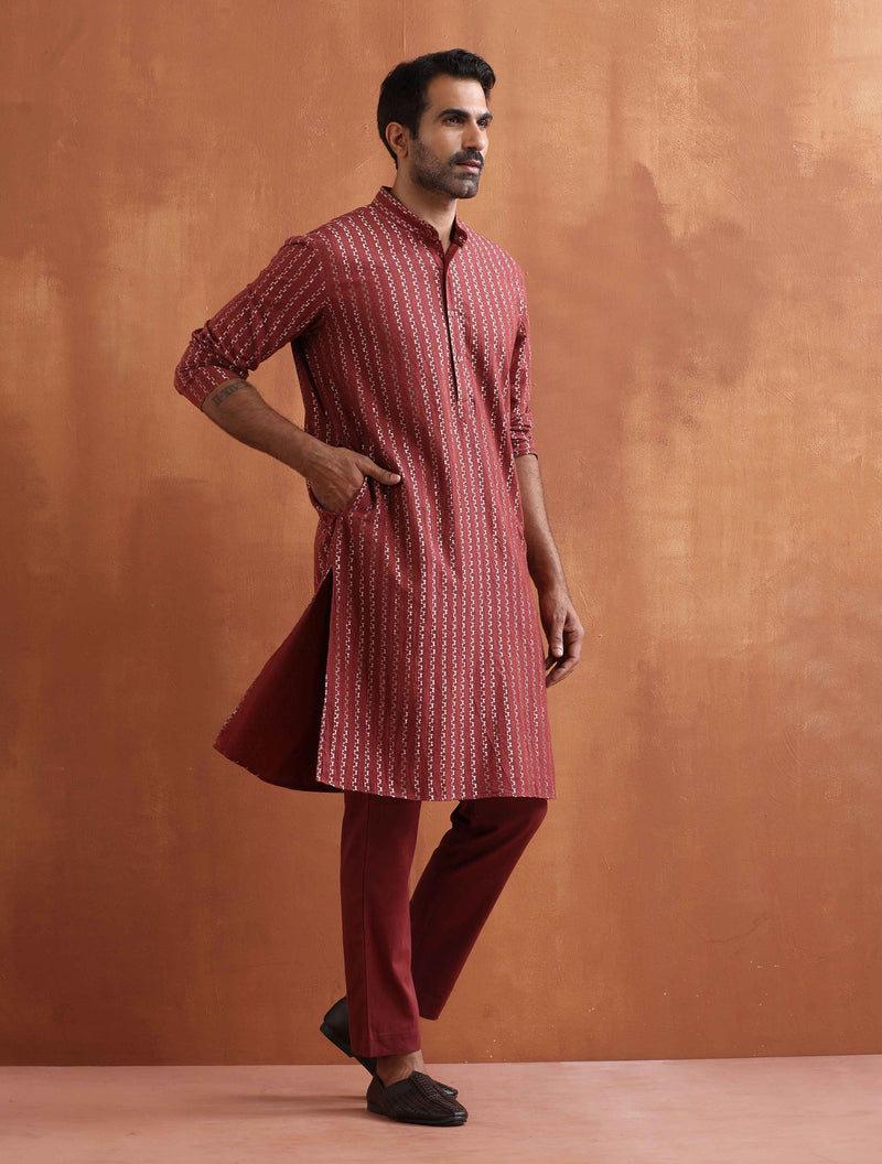 trueBrowns Men's Rust Cotton Dobby Kurta