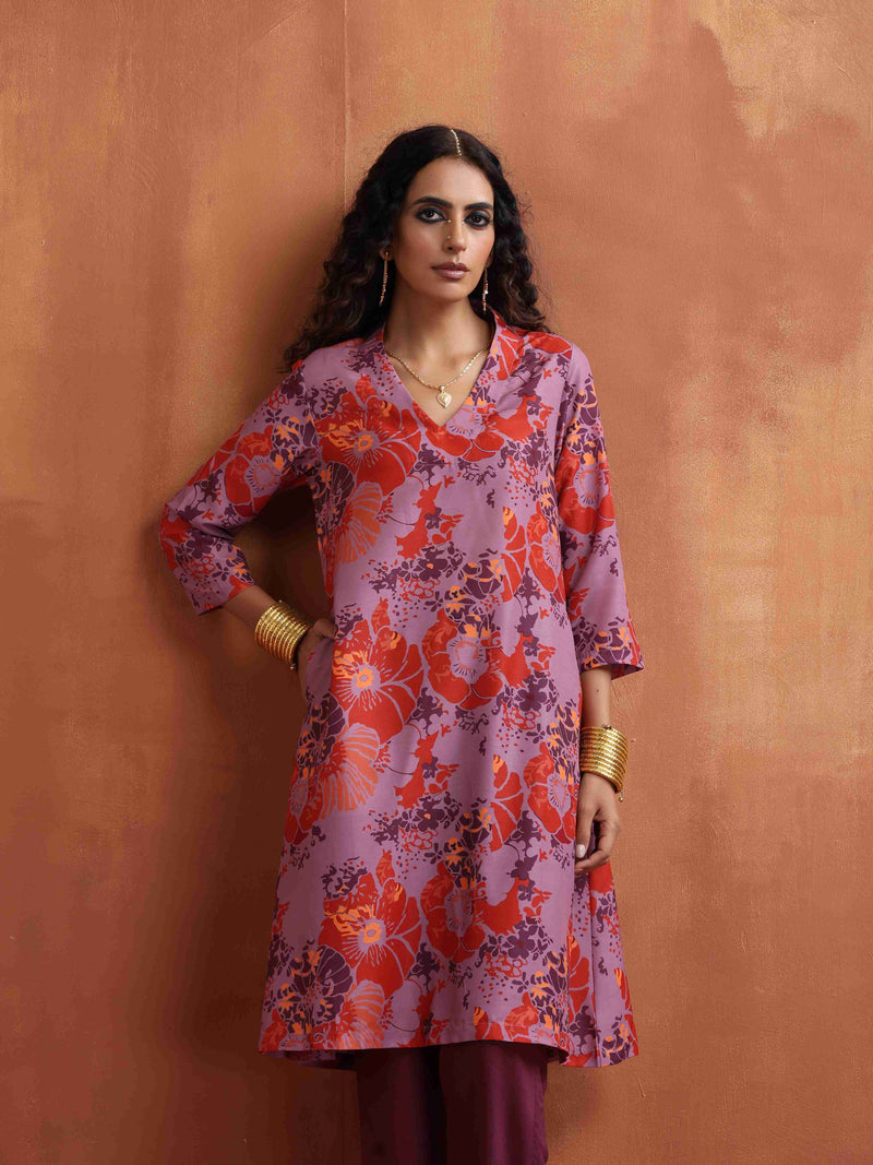 trueBrowns Purple Print Kurta Co-ord Set