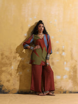 trueBrowns Rust Red Green Floral Print Muslin Silk Co-ord Set with Flared Pants