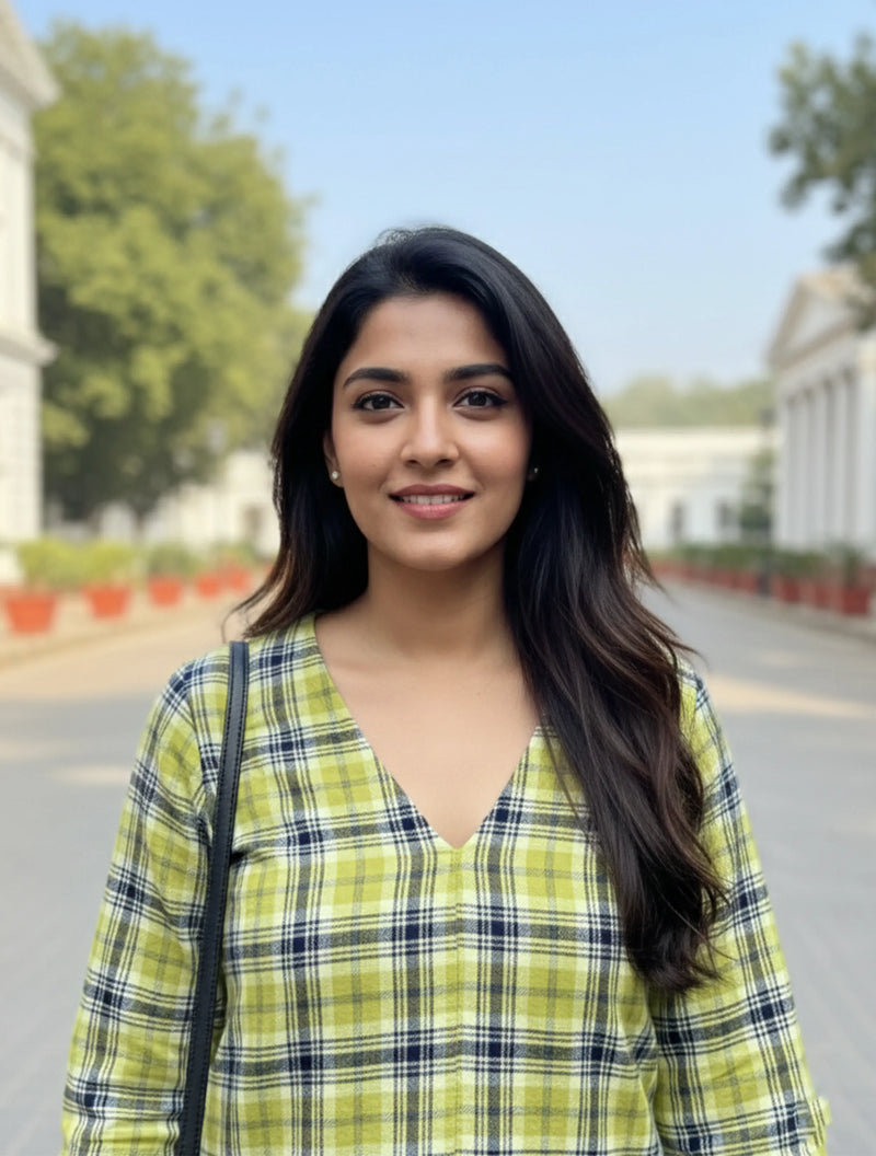 trueBrowns Lime Check High Slit Kurta