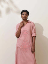 trueBrowns Dalia Pink Embroidered Natural Cotton Kurta Pant Set