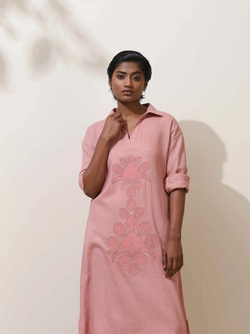 trueBrowns Dalia Pink Embroidered Natural Cotton Kurta Pant Set