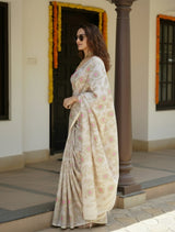 trueBrowns Beige Foil Print Saree With Unstitched Blouse