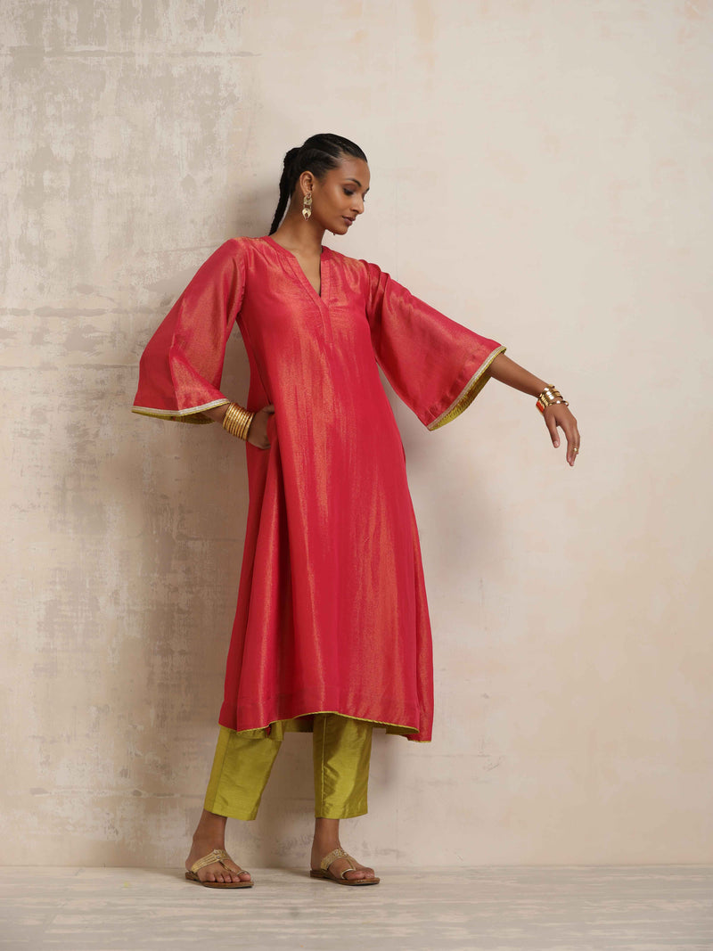 trueBrowns Hot Pink Tissue Flared Kurta Set