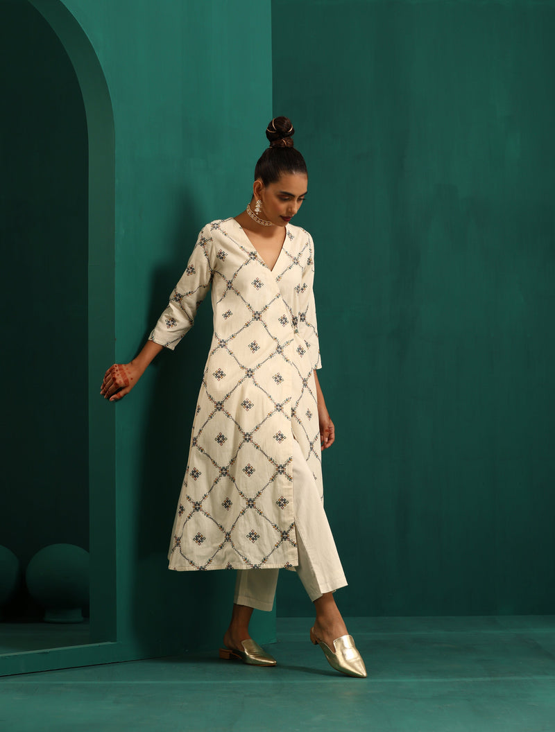 trueBrowns Ivory Rhombus Cotton Angrakha Kurta Pant Set