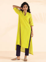 trueBrowns Lime Cotton Dobby High-Low Kurta Pant Set