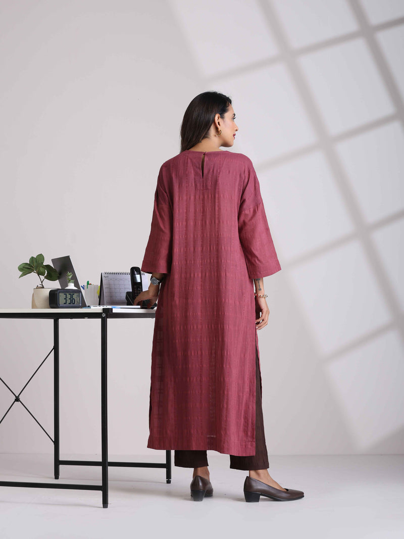 trueBrowns Mauve Cotton Dobby Front Slit Kurta Set