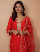 trueBrowns Red All Over Embroidered Straight Kurta With Palazzo Dupatta Set