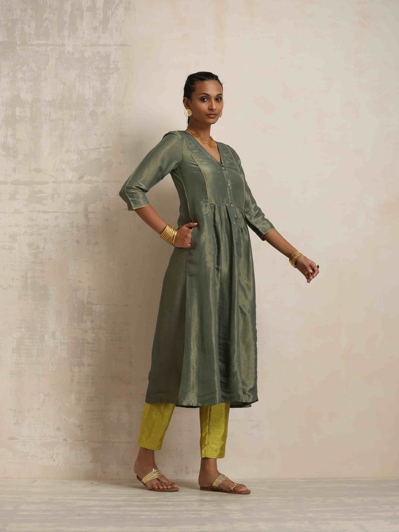 trueBrowns Grey Tissue A-line Kurta Set