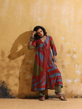 trueBrowns Rust Red Green Floral Print Muslin Silk Angrakha Kurta Set
