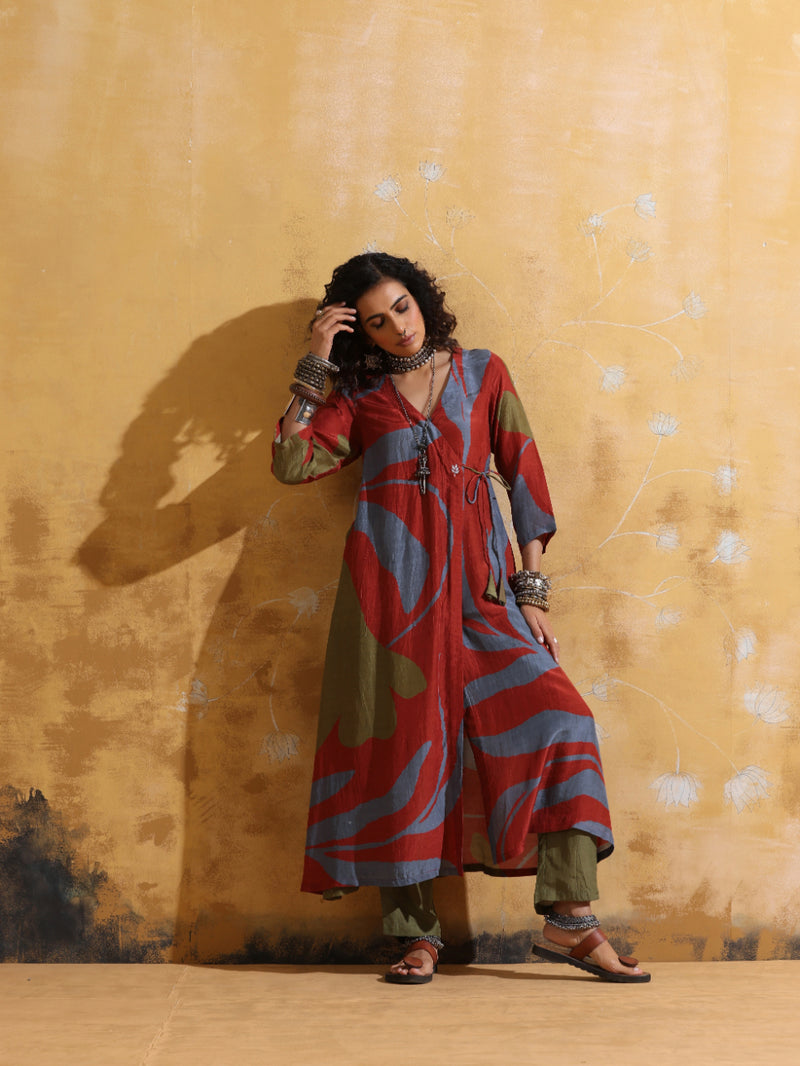 trueBrowns Rust Red Green Floral Print Muslin Silk Angrakha Kurta Set
