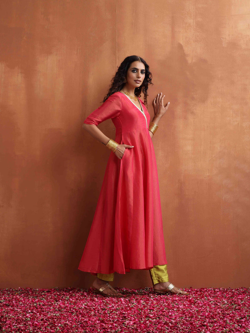 trueBrowns Hot Pink Tissue Flared Anarkali Kurta Set