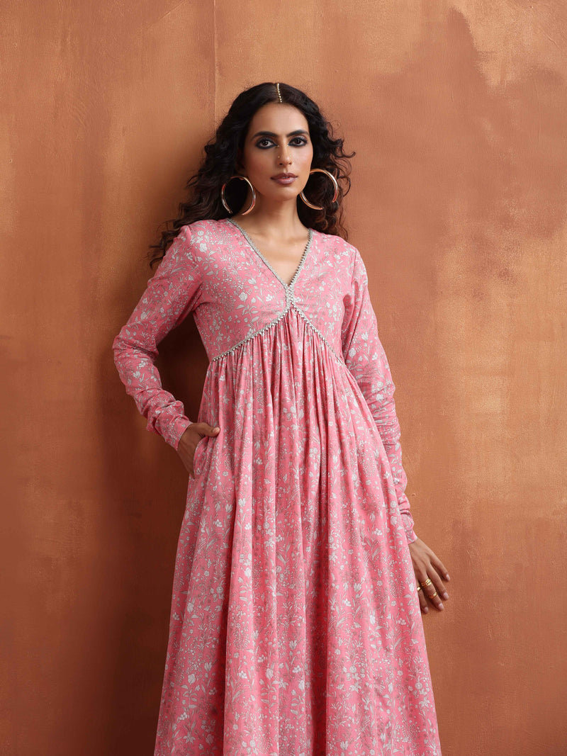 trueBrowns Pink Print Flared Anarkali Kurta Set