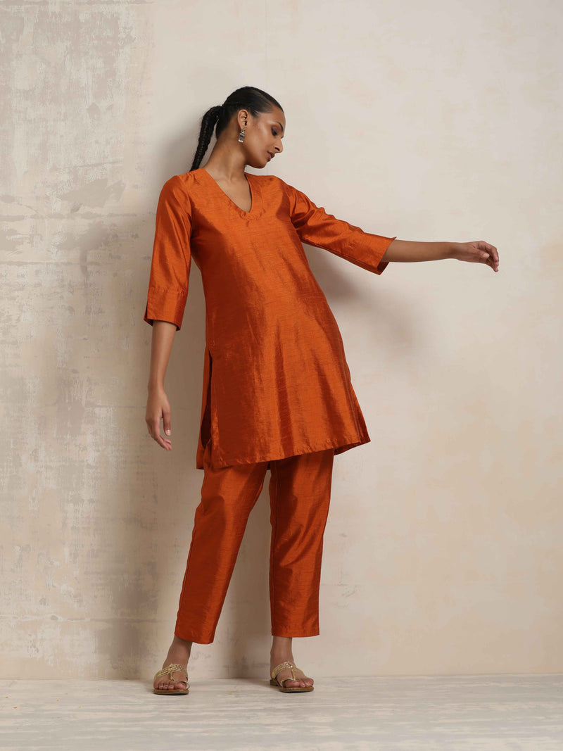 trueBrowns Orange Silk Kurta Co-ord Set