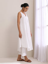 White Slub Texture Sleeveless Flared  Kurta Pant Set