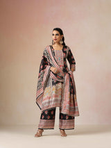 trueBrowns Black Print A-Line Kurta 3pc Set