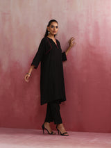 trueBrowns Black Cotton Dobby Kurta Co-ord set