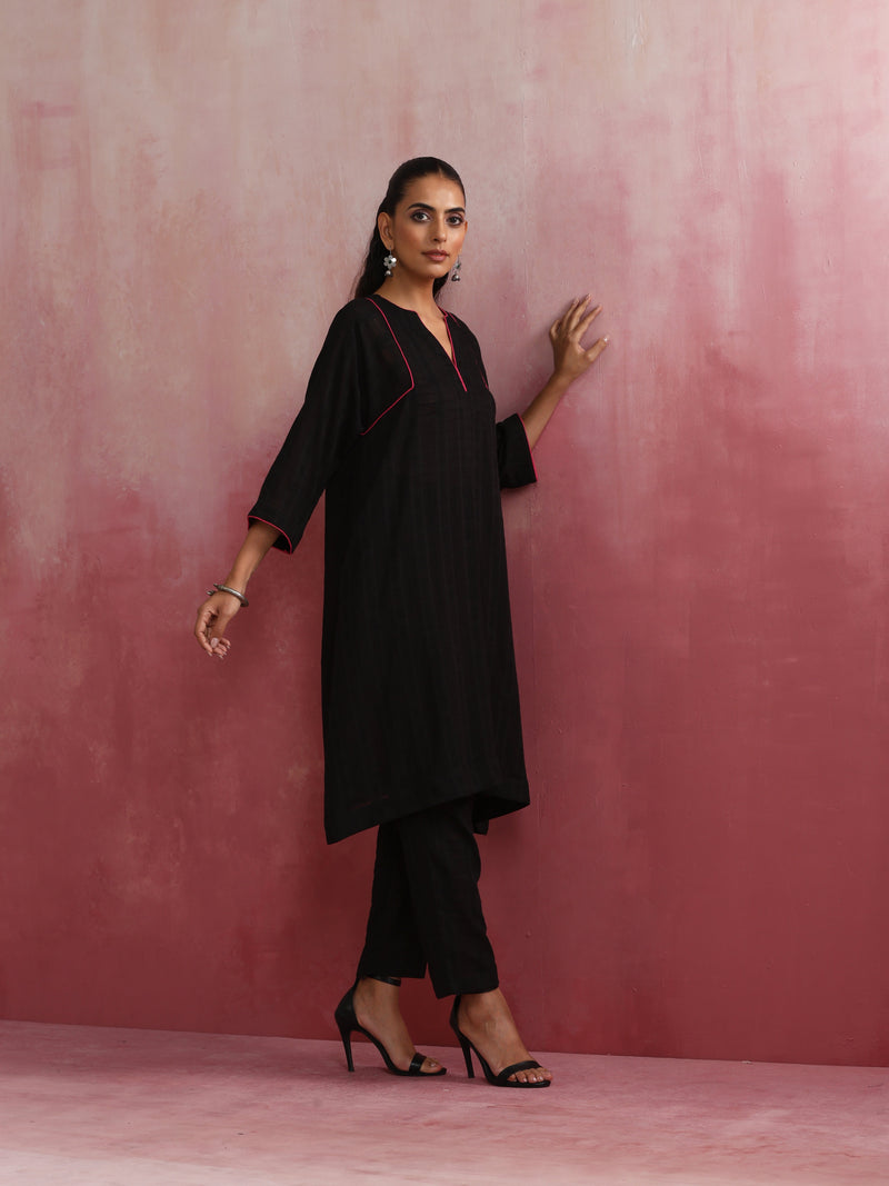 trueBrowns Black Cotton Dobby Kurta Co-ord set