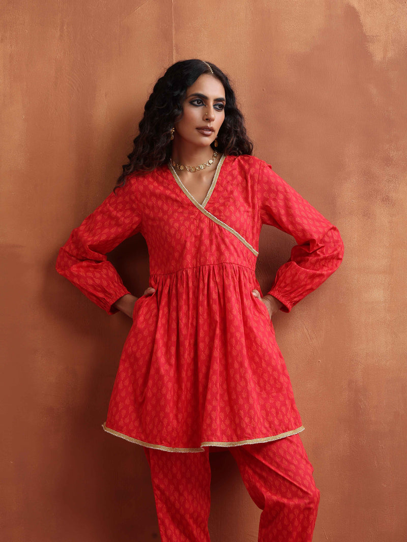 trueBrowns Red Print Angrakha Co-ord Set