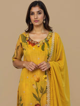 trueBrowns Mustard Floral Print Straight Kurta Pant Dupatta Set