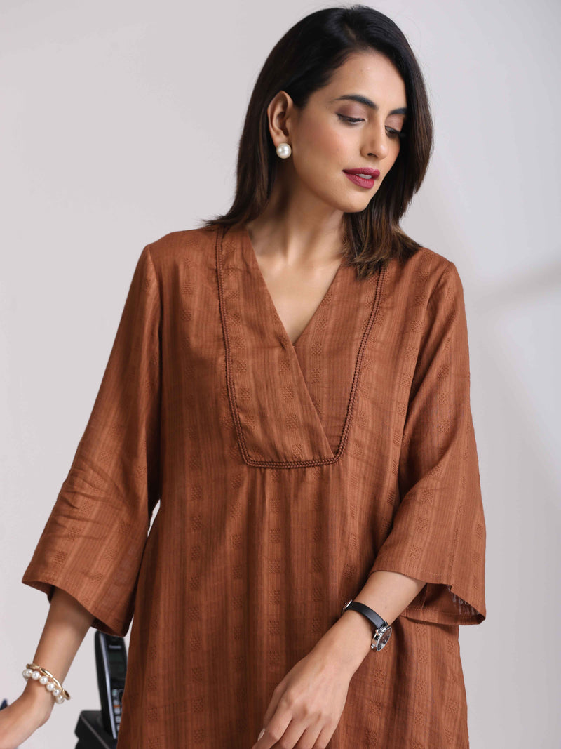 trueBrowns Brown Cotton Dobby Kurta Co-ord set