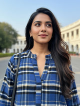 trueBrowns Blue Check Round V-Neck Top