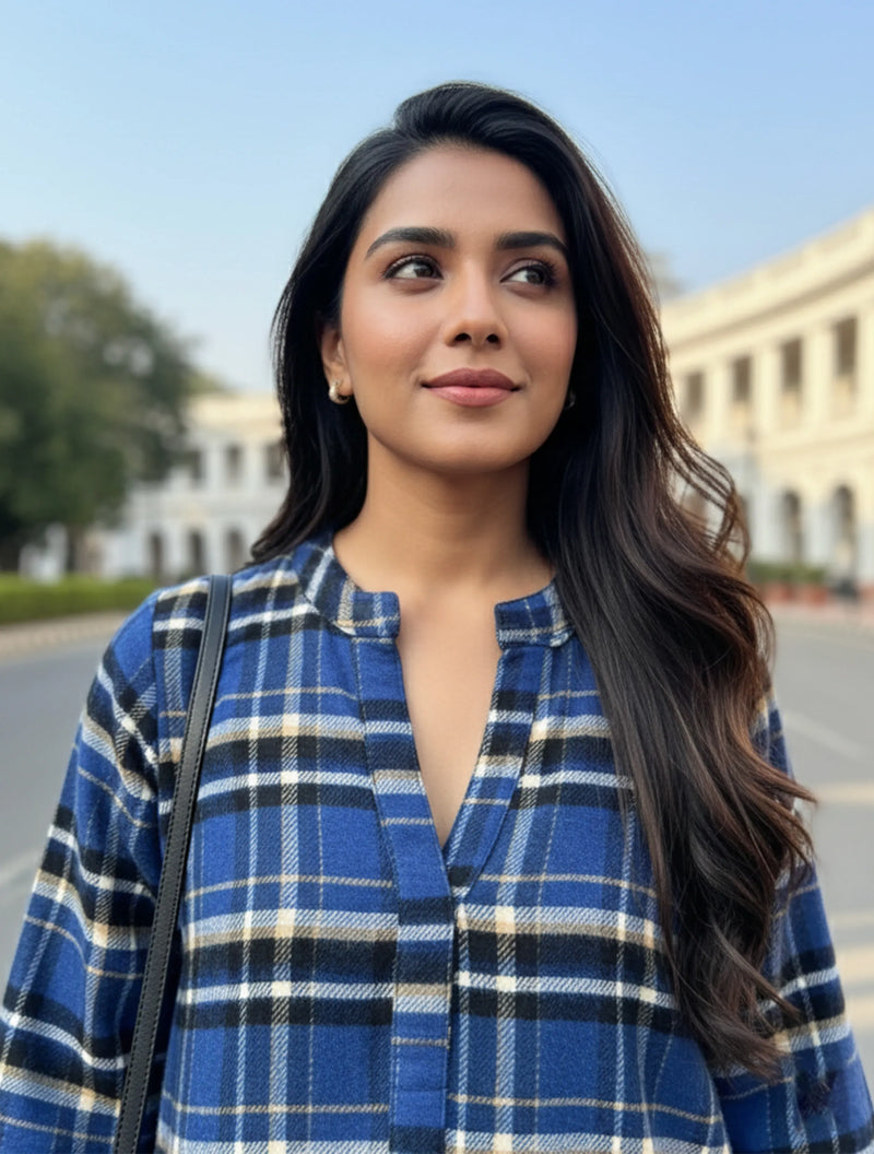 trueBrowns Blue Check Round V-Neck Top