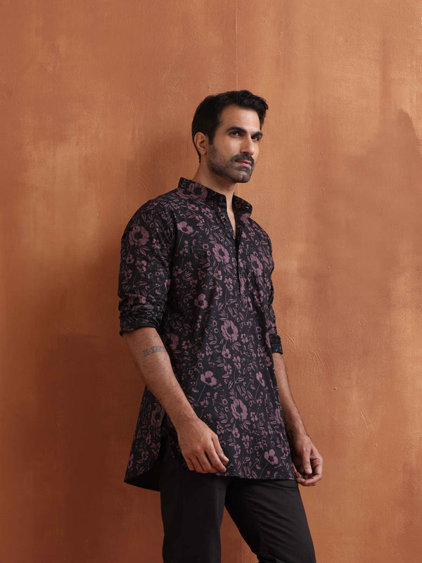 trueBrowns Men's Black Floral Printed Short Kurta