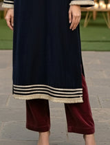trueBrowns Navy Velvet High-Slit Kurta