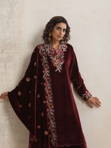 trueBrowns Maroon Velvet Floral Embroidered Kurta Pant Dupatta Set